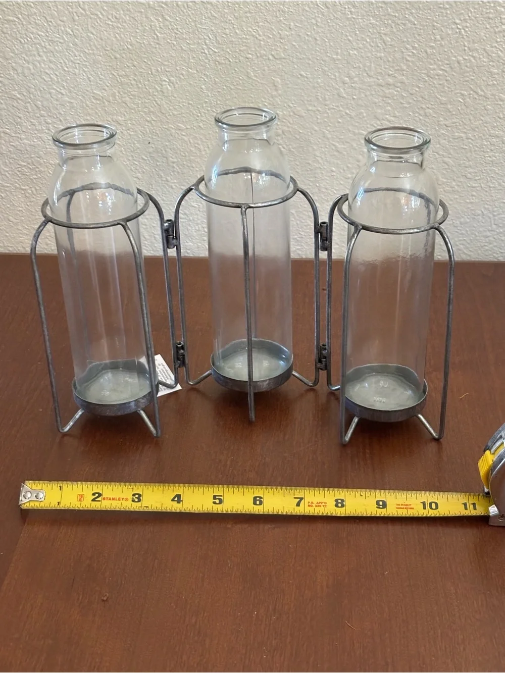 Clear Glass Bottle Trio with Hinged Metal Frames - Rustic Home Accents NWOT